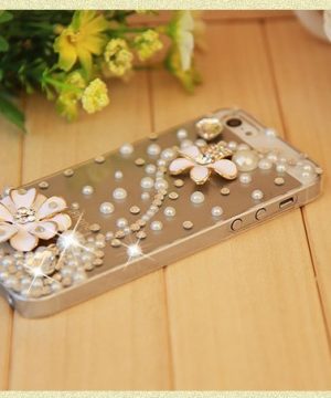 Obal z tvrdeného plastu so šperkom na iPhone 5 / 5S - kvet biely