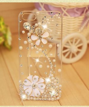 Obal z tvrdeného plastu so šperkom na iPhone 5 / 5S - kvet biely