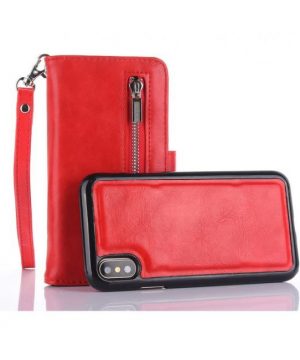 Peňaženka a magnetický obal na iPhone X z kože v červenej farbe