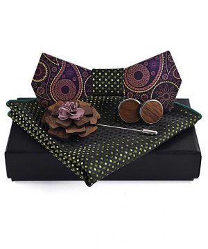 Luxusný motýlikový set v rôznych farbách - drevený motýlik+ manžety + vreckovka + brošňa