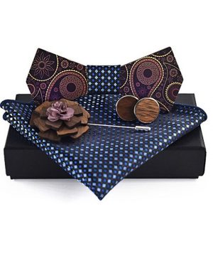 Luxusný motýlikový set v rôznych farbách - drevený motýlik+ manžety + vreckovka + brošňa