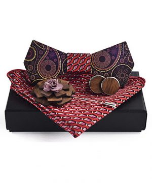 Luxusný motýlikový set v rôznych farbách - drevený motýlik+ manžety + vreckovka + brošňa