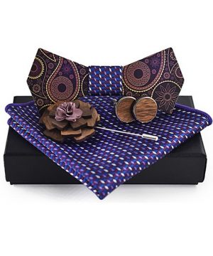 Luxusný motýlikový set v rôznych farbách - drevený motýlik+ manžety + vreckovka + brošňa