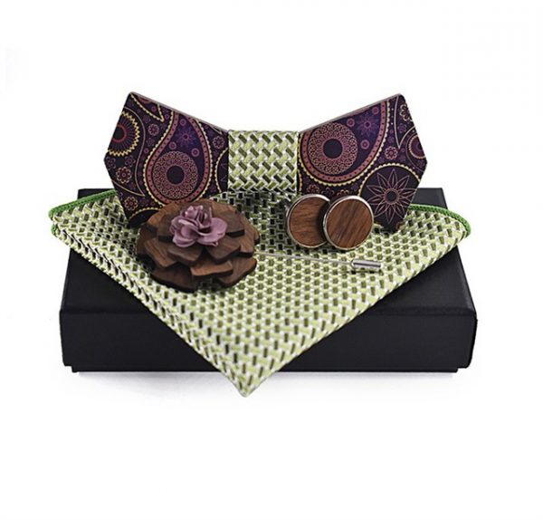 Luxusný motýlikový set v rôznych farbách - drevený motýlik+ manžety + vreckovka + brošňa