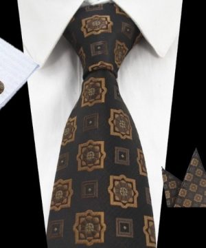 Kravatová sada - kravata + manžetové gombíky + vreckovka s hnedým vzorom