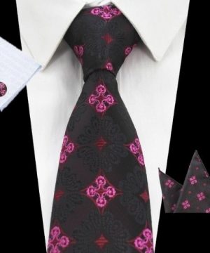 Kravatová sada - kravata + manžetové gombíky + vreckovka s ružovým vzorom