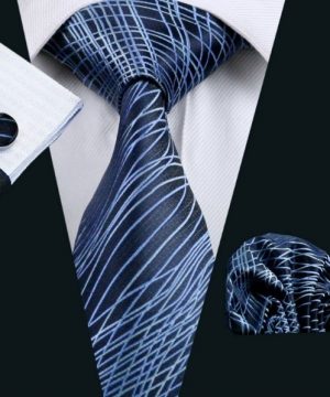 Kravatová sada - kravata + manžetové gombíky + vreckovka s modrým vzorom