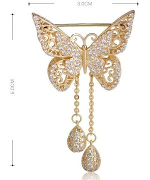 Luxusná brošňa na šaty v tvare zlatého motýľa s kryštálikmi