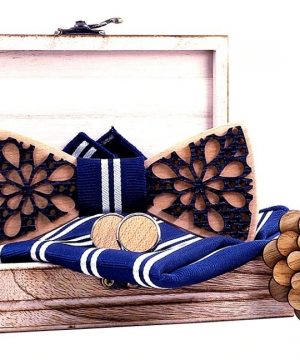 Motýlikový set dvoj-vrstvový - drevený motýlik + brošňa + manžety + vreckovka