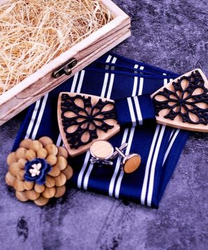 Motýlikový set dvoj-vrstvový - drevený motýlik + brošňa + manžety + vreckovka