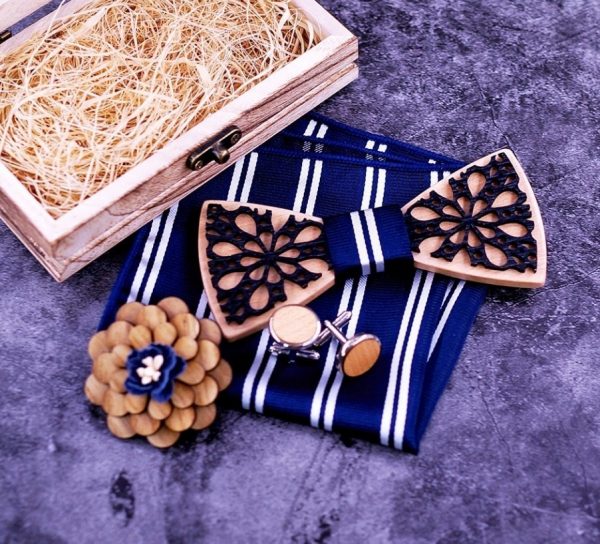 Motýlikový set dvoj-vrstvový - drevený motýlik + brošňa + manžety + vreckovka