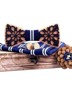 Motýlikový set dvoj-vrstvový - drevený motýlik + brošňa + manžety + vreckovka