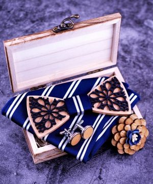 Motýlikový set dvoj-vrstvový - drevený motýlik + brošňa + manžety + vreckovka