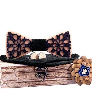 Motýlikový set dvoj-vrstvový - drevený motýlik + brošňa + manžety + vreckovka