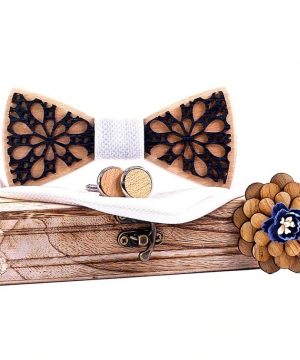 Motýlikový set dvoj-vrstvový - drevený motýlik + brošňa + manžety + vreckovka