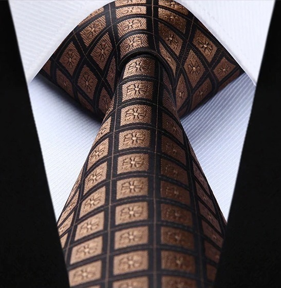 Spoločenská kravata a vreckovka - sada s hnedými štvorčekmi