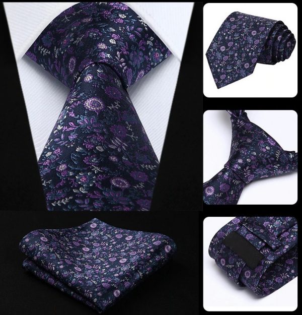 Spoločenská kravata a vreckovka - sada s modro-ružovými kvietkami