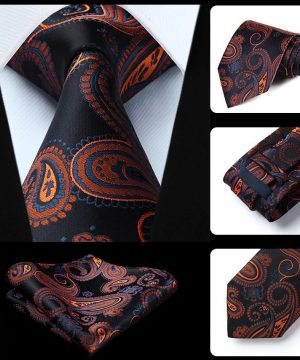 Spoločenská kravata a vreckovka - sada s čierno-pomarančovým vzorom