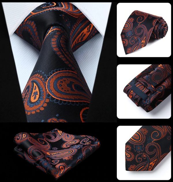 Spoločenská kravata a vreckovka - sada s čierno-pomarančovým vzorom