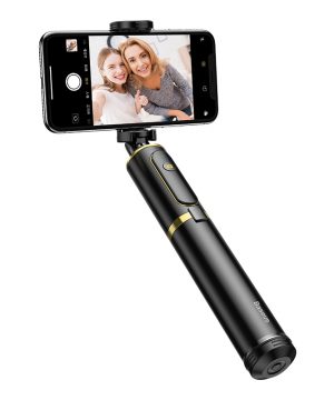 Selfie tyčka pre smartfóny so statívom na bluetooth v čierno zlatej farbe