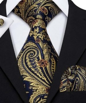 Kravatová pánska sada - kravata + manžety + vreckovka v zlato-modrej farbe