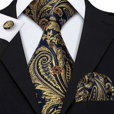 Kravatová pánska sada - kravata + manžety + vreckovka v zlato-modrej farbe