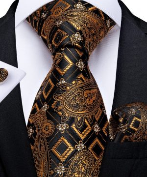 Kvalitná kravatová sada v zlato-medenej farbe - viazanka + gombíky + vreckovka