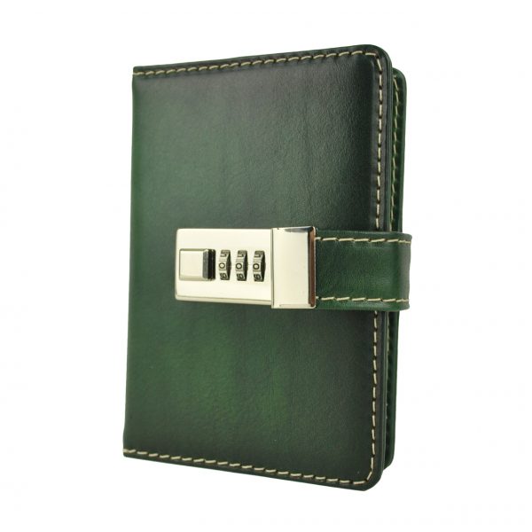 Kožený zápisník MINI ručne tieňovaný s číselným zámkom v zelenej farbe