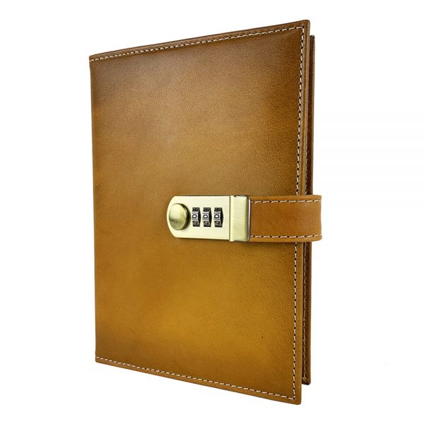 XXL kožený zápisník z prírodnej kože na heslový zámok, ručne tieňovaný, žltá farba