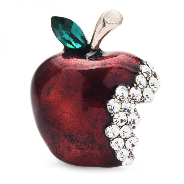 Luxusná brošňa v tvare odhryznutého jablka s kryštálikmi