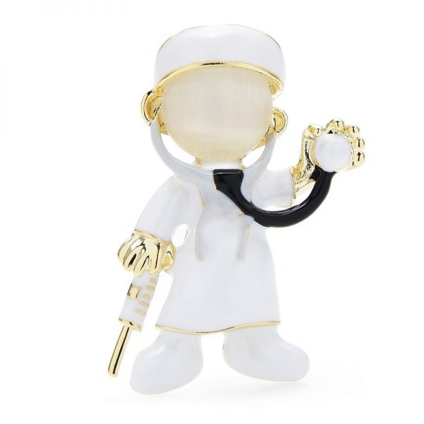 Luxusná smaltovaná brošňa v podobe vyšetrujúceho doktora v bielej farbe