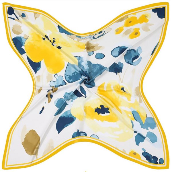 Elegantná šatka s umeleckým stvárnením kvetov v žltej farbe 130 x 130 cm