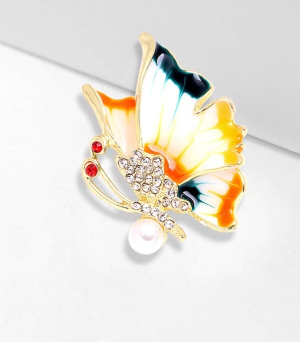 Smaltovaná brošňa na šaty v tvare motýľa s perlou a kryštálikmi