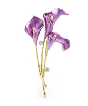 Smaltovaná pripínacia brošňa na šaty v podobe kytice fialových ľalií