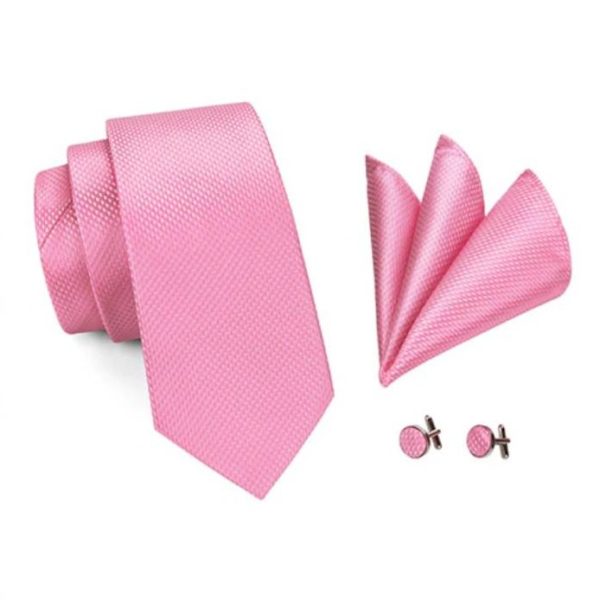 Kravatová sada - kravata, manžetové gombíky a vreckovka s ružovou štruktúrou