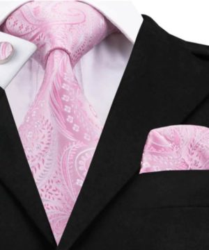 Kravatová sada - kravata, manžetové gombíky a vreckovka s ružovým vzorom