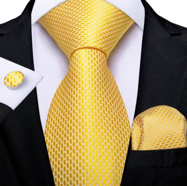 Kravatový set - kravata, manžetové gombíky a vreckovka so žltým vzorom