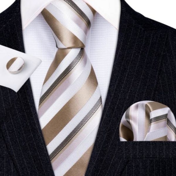 Viazanka + vreckovka + manžety - kravatový set s krémovo-hnedými pásikmi