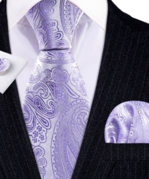 Viazanka + vreckovka + manžety - kravatový set s ružovo-fialovým motívom