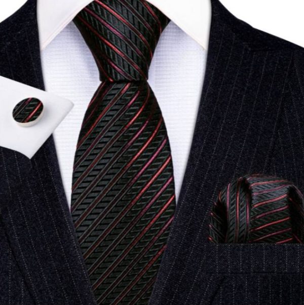 Viazanka + vreckovka + manžety - kravatový set v čiernej farbe s červenými pásikmi
