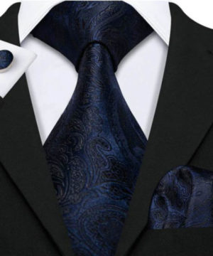 Viazanka + vreckovka + manžety - tmavo modrý kravatový set