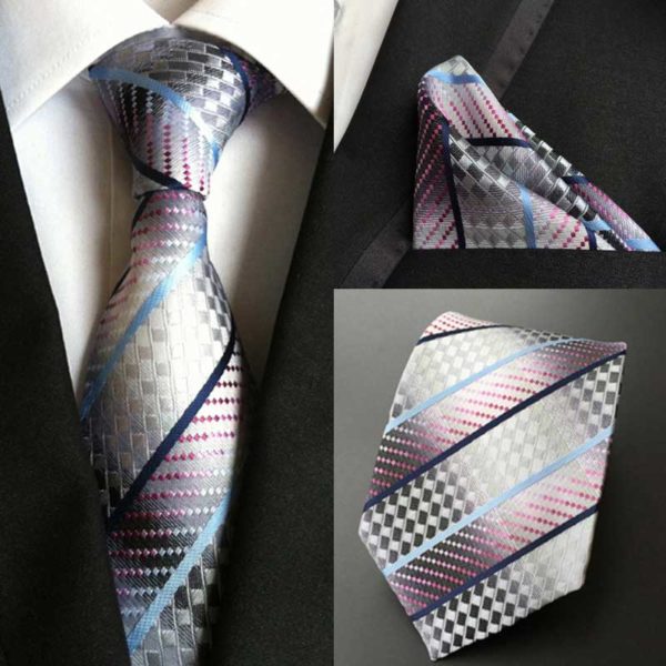 Spoločenská kravata a vreckovka - sada s ružovo-sivým vzorom