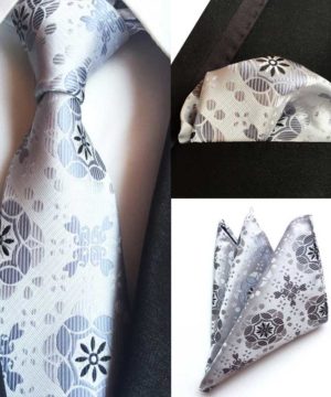 Spoločenská kravata a vreckovka - strieborný kravatový set