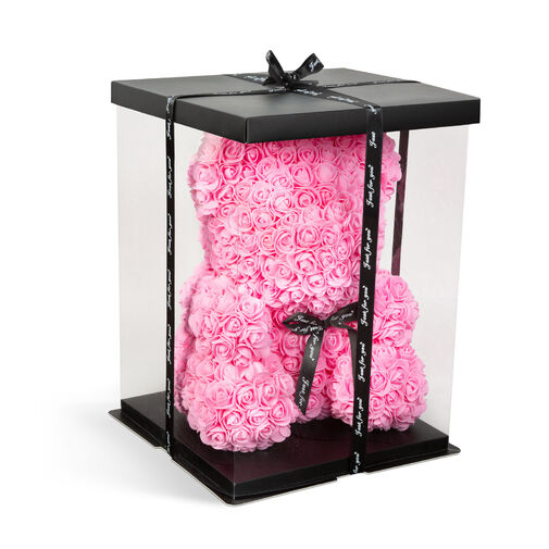 Macko z ruží s luxusným boxom a stuhou, 40cm, ružový