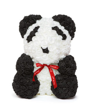 Panda z ruží s luxusným boxom a stuhou, 40cm