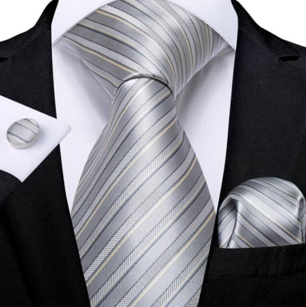 Viazanka + vreckovka + manžety - kravatový set s pásikmi