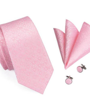 Viazanka + vreckovka + manžety - kravatový set s ružovým vzorom
