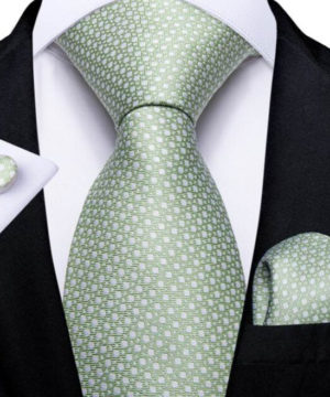 Viazanka + vreckovka + manžety - kravatový set so zeleným vzorom