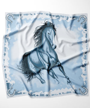 Hodvábna šatka Kôň - modrý, Ručná výroba na Slovensku, 90 x 90cm