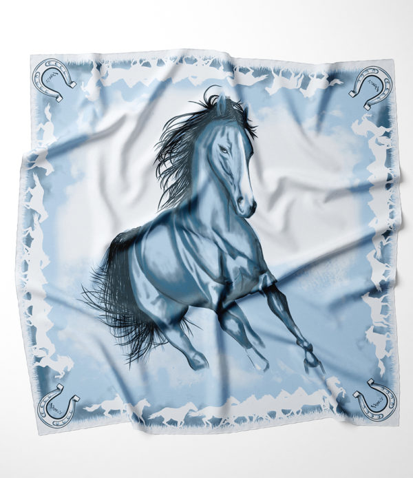 Hodvábna šatka Kôň - modrý, Ručná výroba na Slovensku, 90 x 90cm